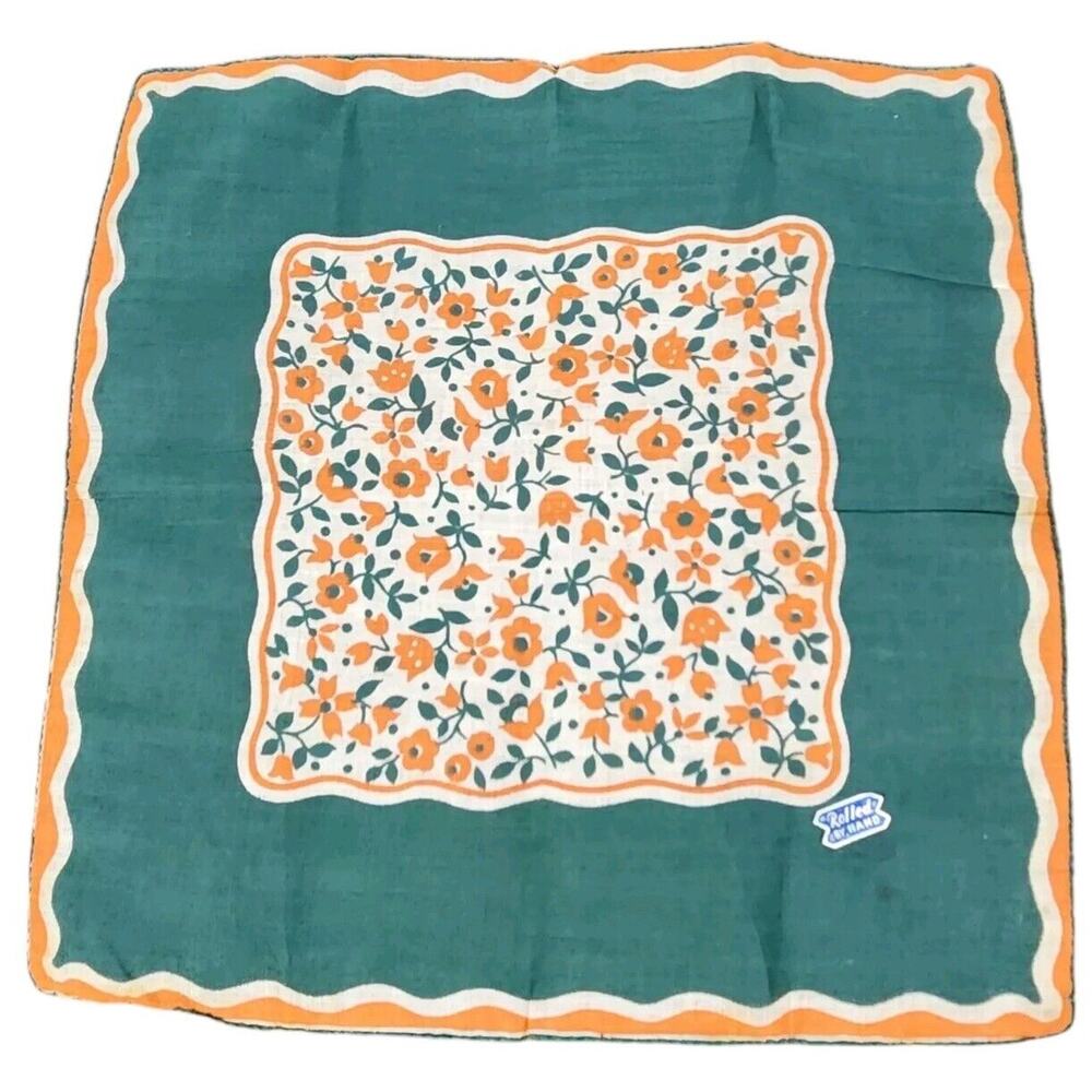 VTG HANKIE COTTAGE GRANDMA GREEN ORANGE BOLD PRINT FLORAL HAND ROLLED EDGE